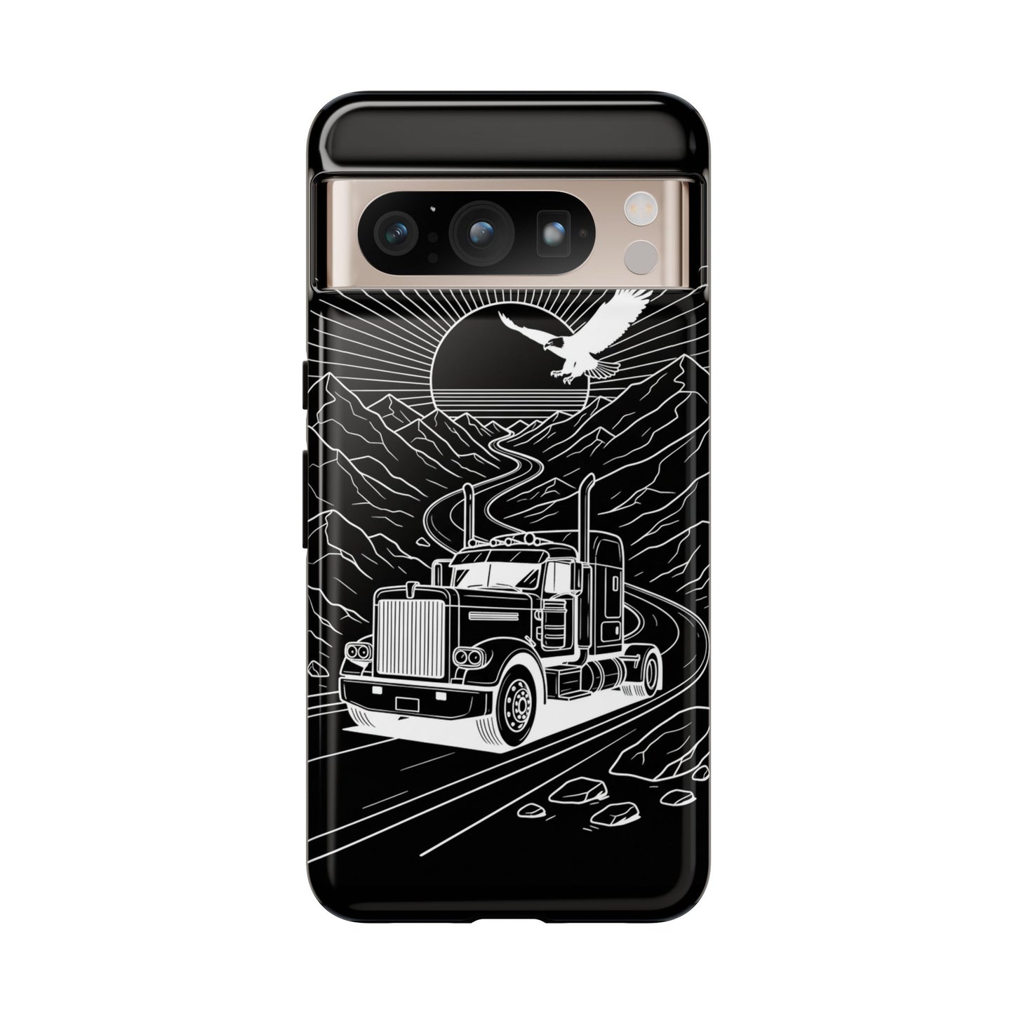 Trucker Highway Phone Case | Eagle & Mountain Line Art | Black Western Tough Case