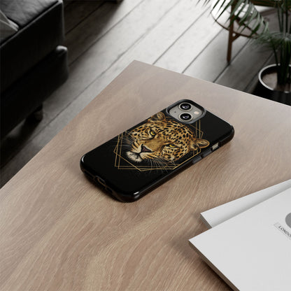 Leopard Head Geometric Phone Case – Black & Gold Luxe Tough Case