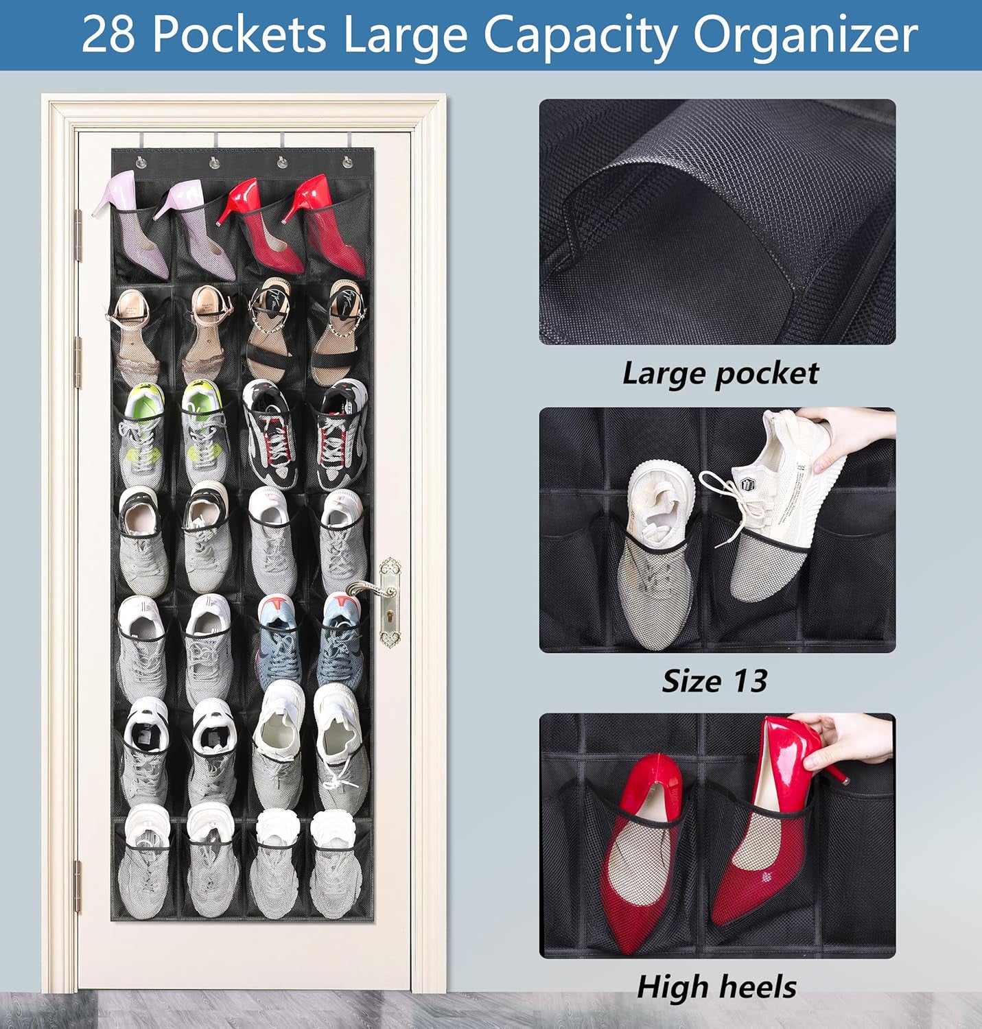 28 Large Pockets Hanging Shoe Organizer over the Door Shoe Rack for Closet Door Storage Mesh Shoe Holder Hanger for Men, Black