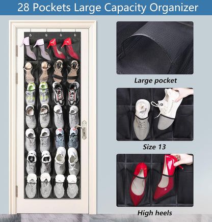 28 Large Pockets Hanging Shoe Organizer over the Door Shoe Rack for Closet Door Storage Mesh Shoe Holder Hanger for Men, Black