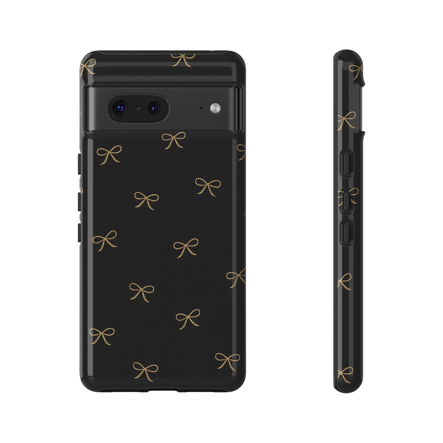 Black Phone Case with Gold Bow Pattern – Slim Protective Cute Aesthetic Cover for Iphone, Samsung Galaxy and Pixel