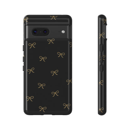 Black Phone Case with Gold Bow Pattern – Slim Protective Cute Aesthetic Cover for Iphone, Samsung Galaxy and Pixel
