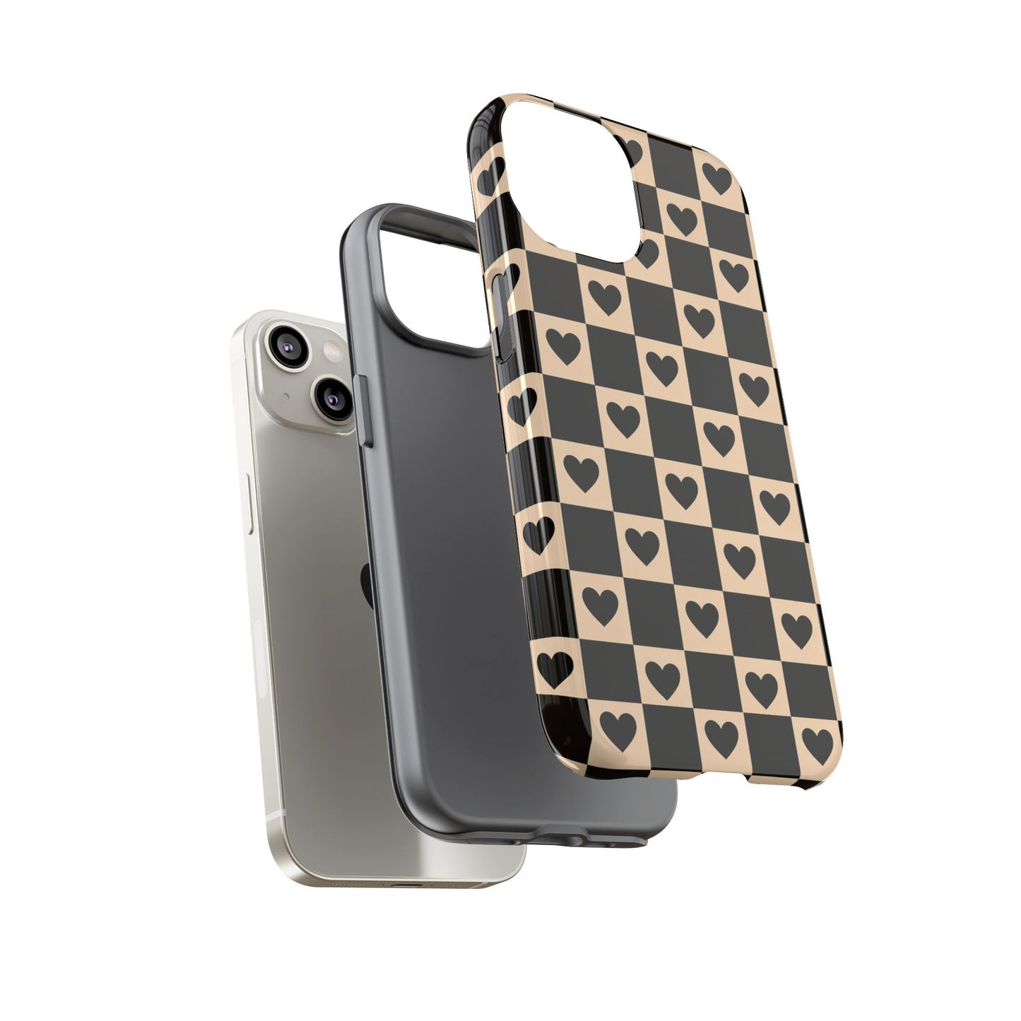 Checkerboard Heart Phone Case – Black & Beige Cute Aesthetic Protective Cover for Iphone, Samsung Galaxy and Pixel