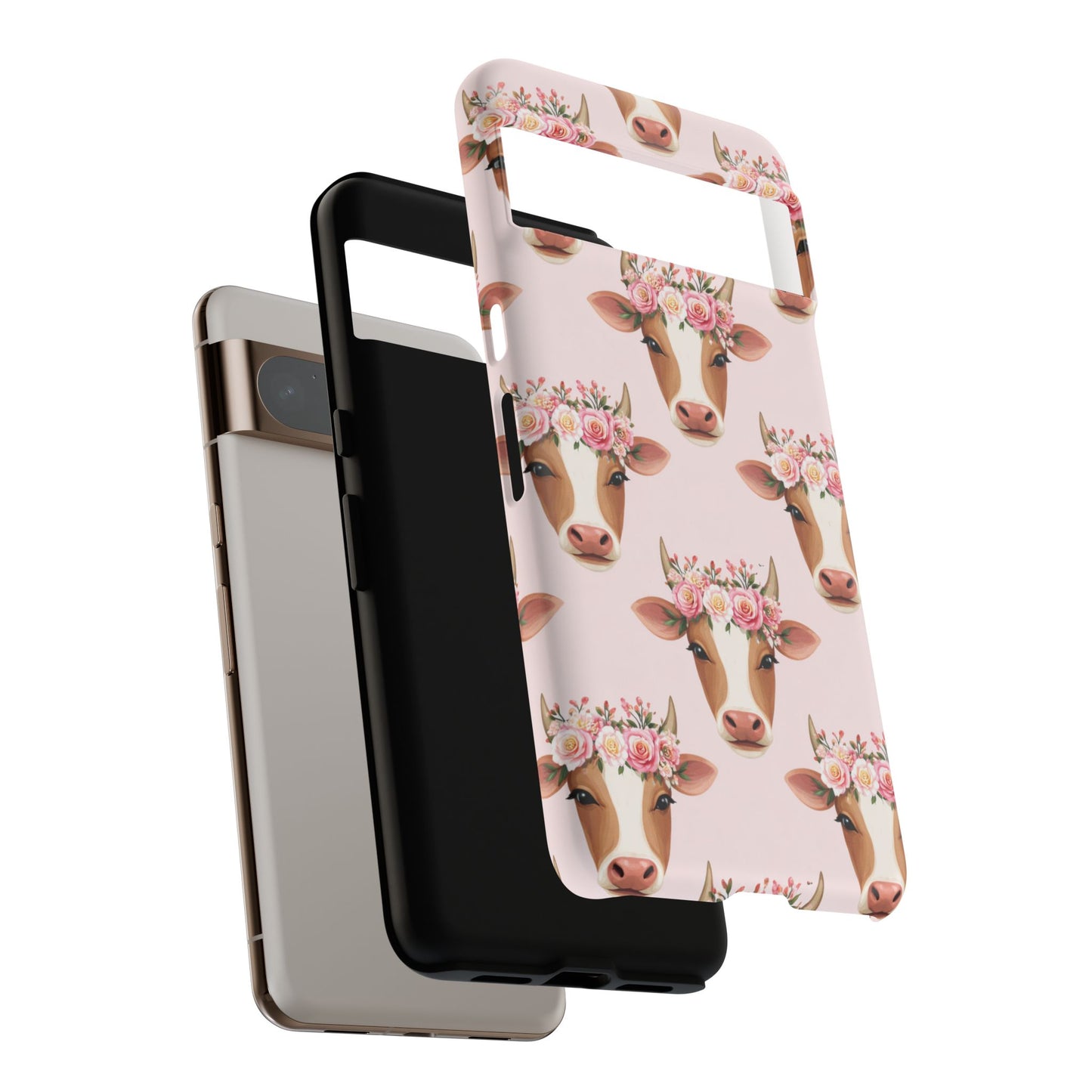 Floral Cow Phone Case – Cute Pink Cow Print Tough Protective Case for Iphone, Samsung Galaxy and Pixel