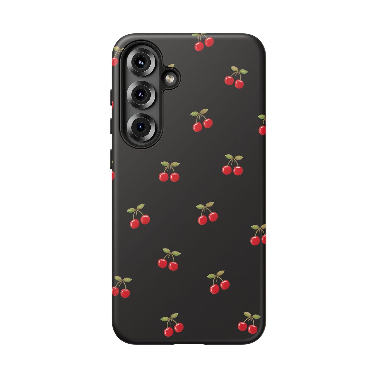 Cherry Pattern Phone Case — Slim Black Protective iPhone Case with Red Cherries for Iphone, Samsung Galaxy and Pixel