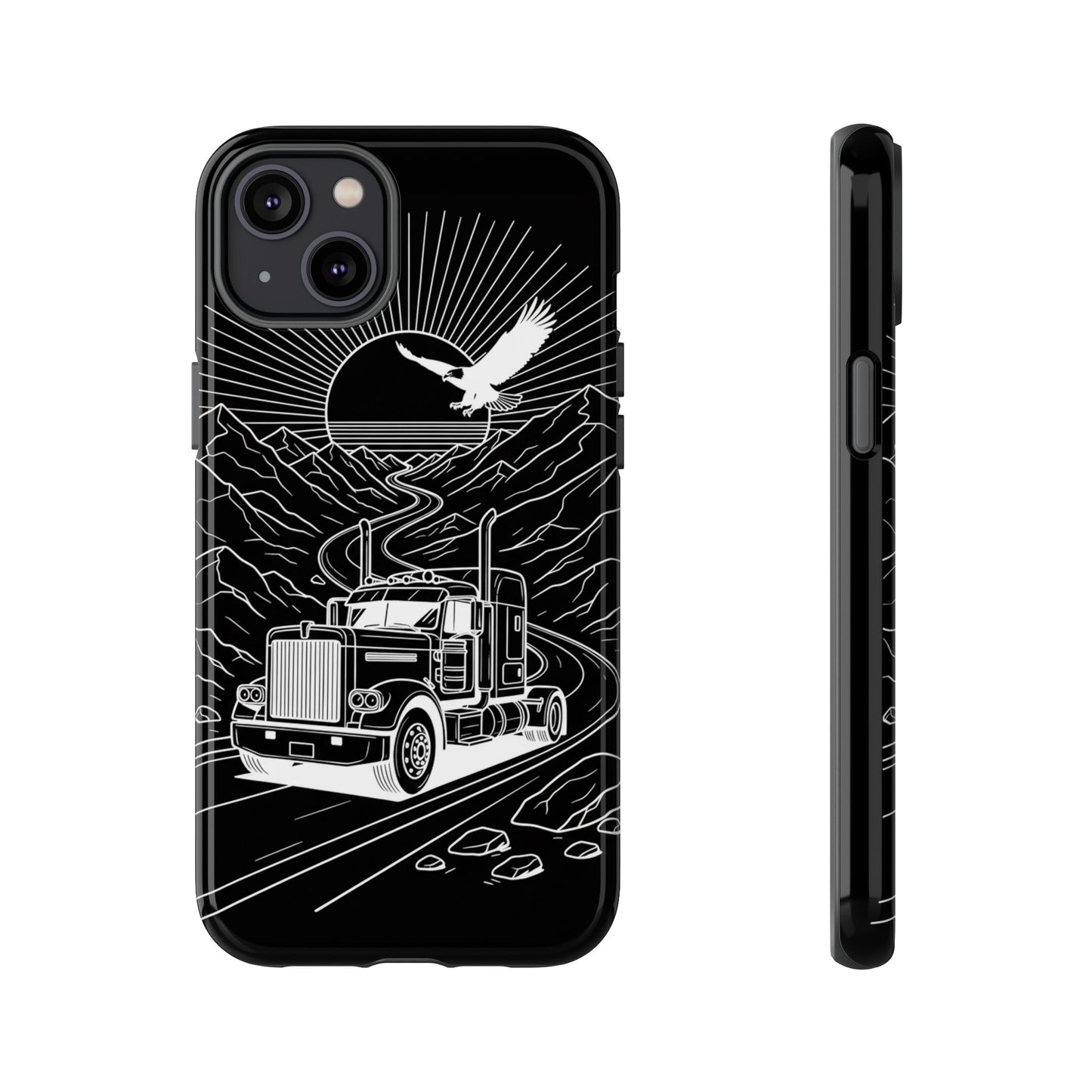 Trucker Highway Phone Case | Eagle & Mountain Line Art | Black Western Tough Case
