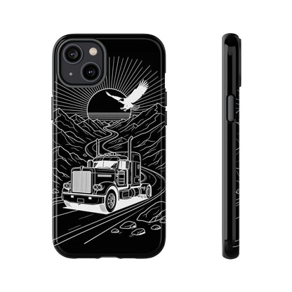 Trucker Highway Phone Case | Eagle & Mountain Line Art | Black Western Tough Case