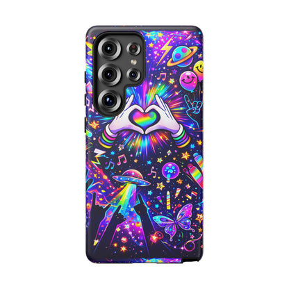 Rainbow Heart Hands Phone Case – Neon Galaxy EDM Festival Tough Cover