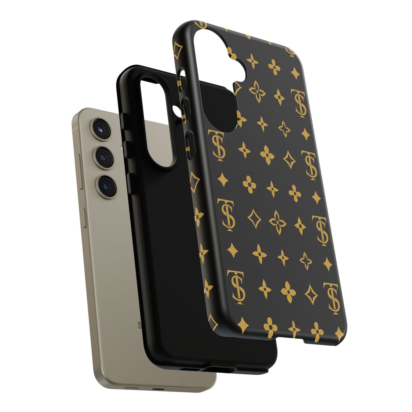 Gold Monogram Pattern Tough Phone Case | Black & Gold Luxury Design for Iphone, Samsung Galaxy and Pixel