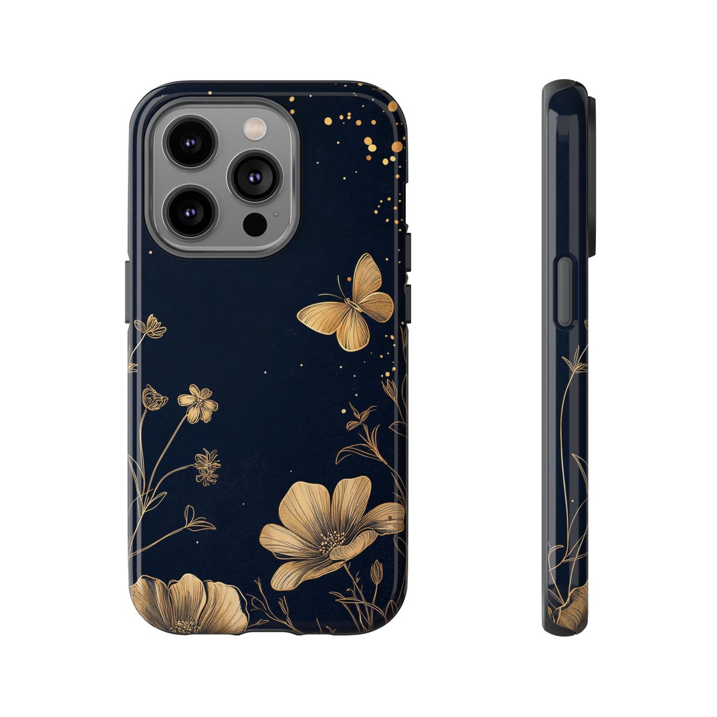 Gold Floral Butterfly Phone Case, Dark Aesthetic Botanical, Elegant Black Luxury iPhone Samsung Cover