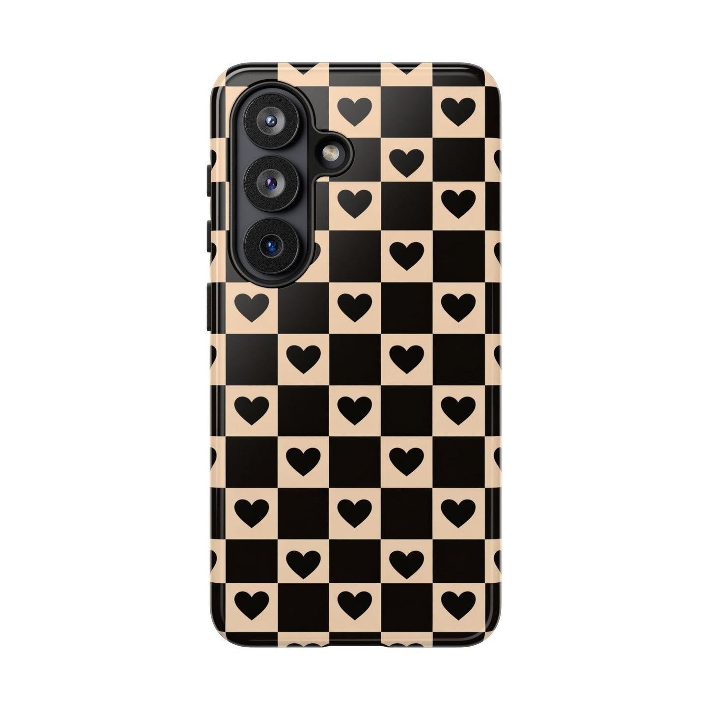 Checkerboard Heart Phone Case – Black & Beige Cute Aesthetic Protective Cover for Iphone, Samsung Galaxy and Pixel