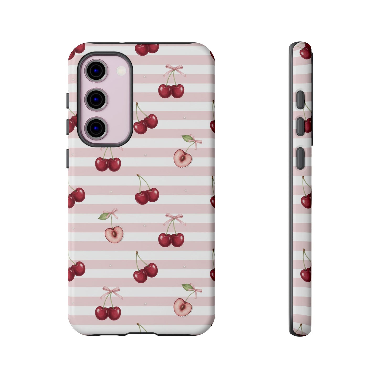 Pink Cherry Stripe Phone Case | Cute Coquette Aesthetic Protective Tough Case