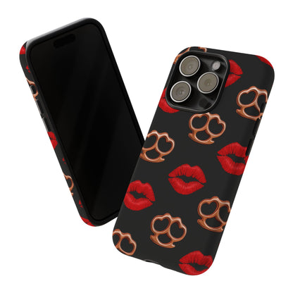 Red Lipstick & Knuckle Duster Phone Case | Bold Kiss Print Tough Protective Cover for Iphone, Samsung Galaxy and Pixel