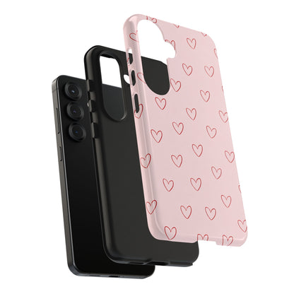 Pink Doodle Hearts Phone Case | Minimal Cute Heart Pattern Tough Case