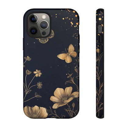 Gold Floral Butterfly Phone Case, Dark Aesthetic Botanical, Elegant Black Luxury iPhone Samsung Cover