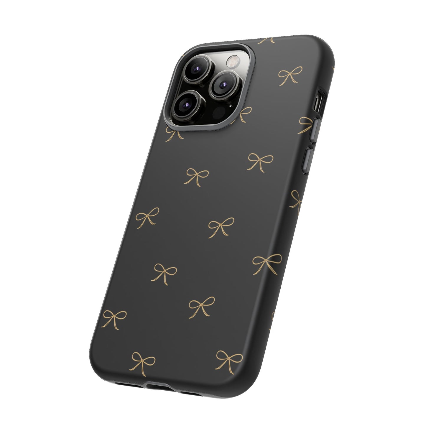 Black Phone Case with Gold Bow Pattern – Slim Protective Cute Aesthetic Cover for Iphone, Samsung Galaxy and Pixel