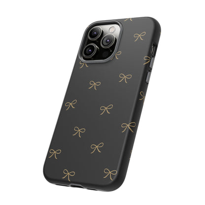 Black Phone Case with Gold Bow Pattern – Slim Protective Cute Aesthetic Cover for Iphone, Samsung Galaxy and Pixel
