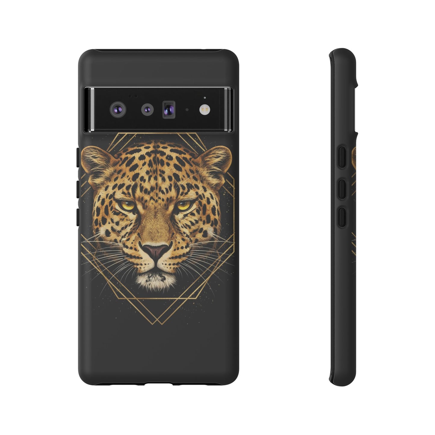 Leopard Head Geometric Phone Case – Black & Gold Luxe Tough Case