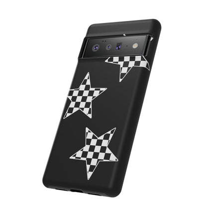 Checkered Star Tough Phone Case – Black Retro Graphic Protective Cover for Iphone, Samsung Galaxy and Pixel