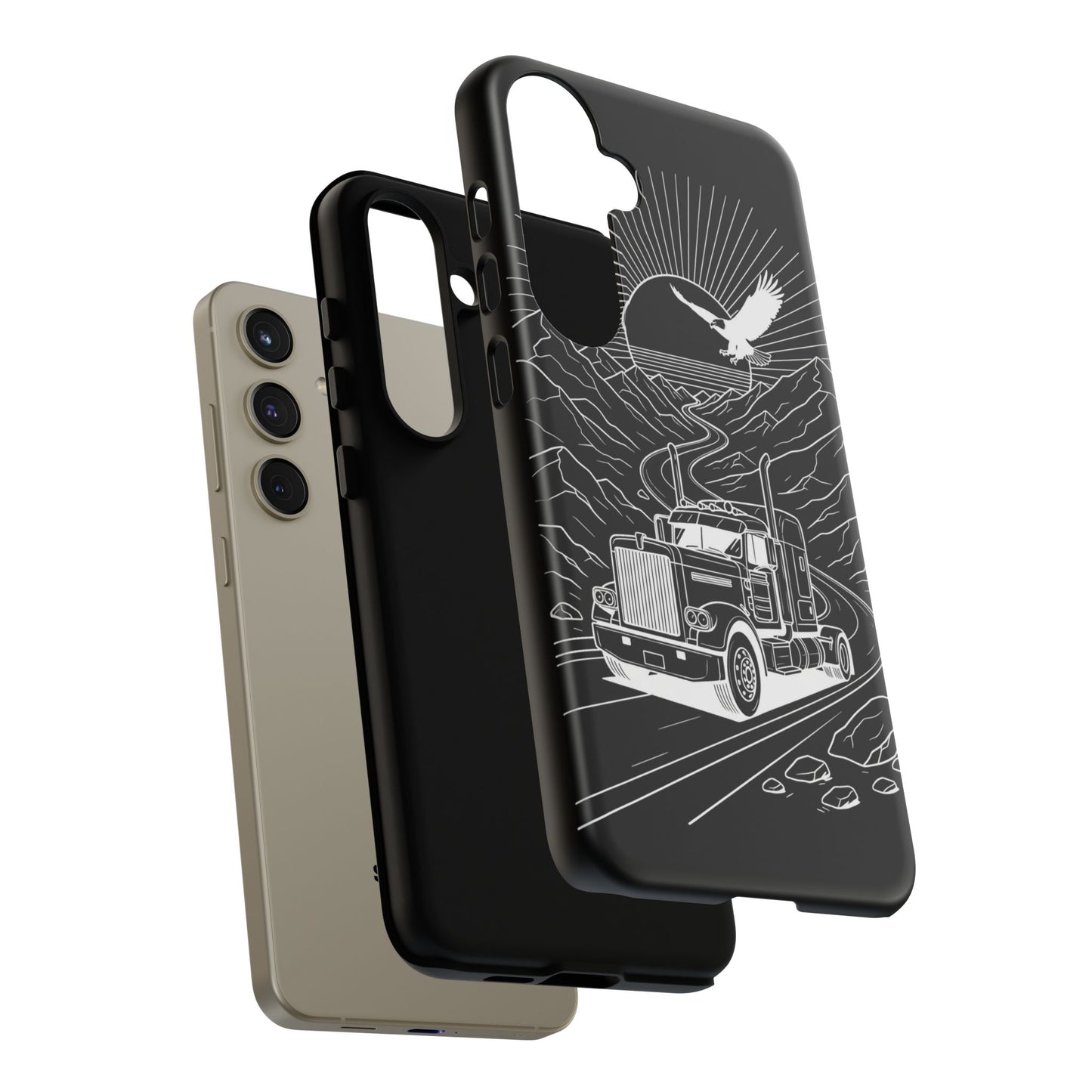 Trucker Highway Phone Case | Eagle & Mountain Line Art | Black Western Tough Case