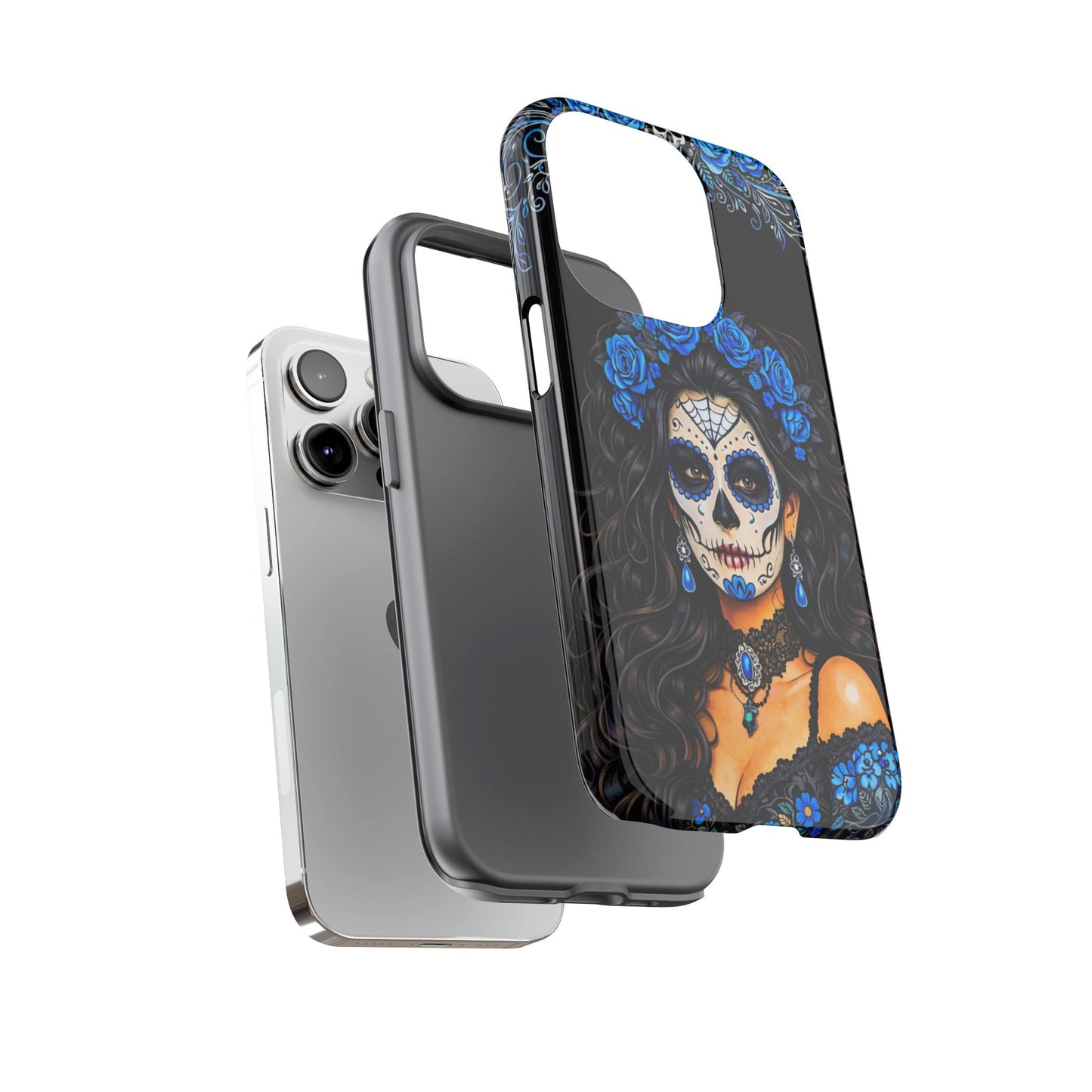 Blue Sugar Skull Woman Phone Case – Day of the Dead Aesthetic Tough Cover