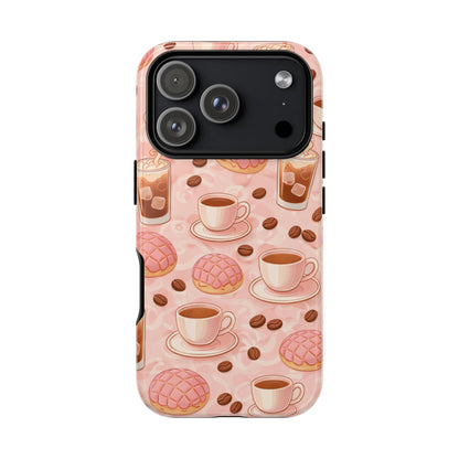 Cute Coffee & Pink Concha Phone Case – Coffee Lover Aesthetic Latte Pattern Tough Case