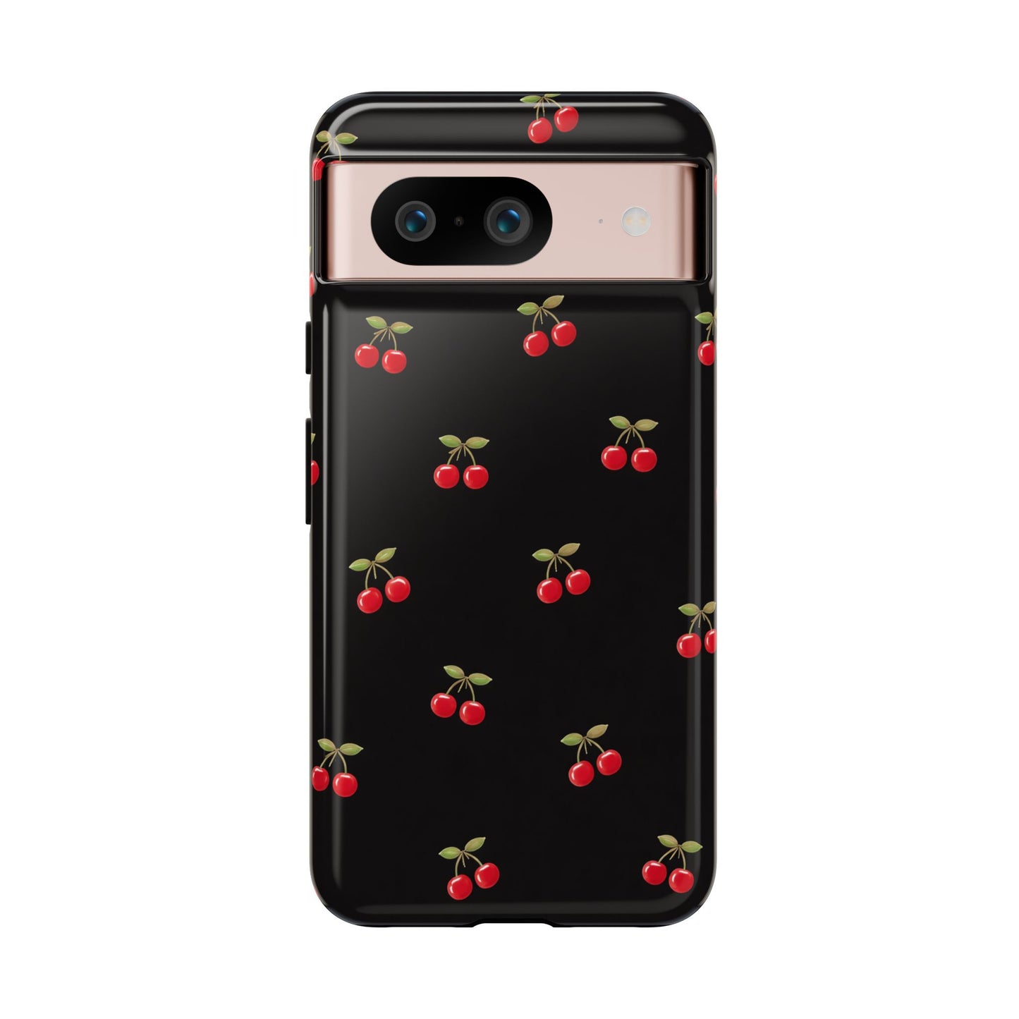 Cherry Pattern Phone Case — Slim Black Protective iPhone Case with Red Cherries for Iphone, Samsung Galaxy and Pixel