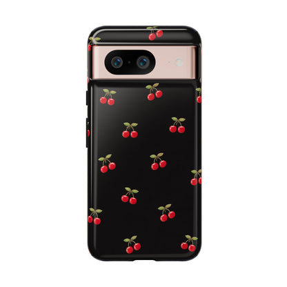 Cherry Pattern Phone Case — Slim Black Protective iPhone Case with Red Cherries for Iphone, Samsung Galaxy and Pixel