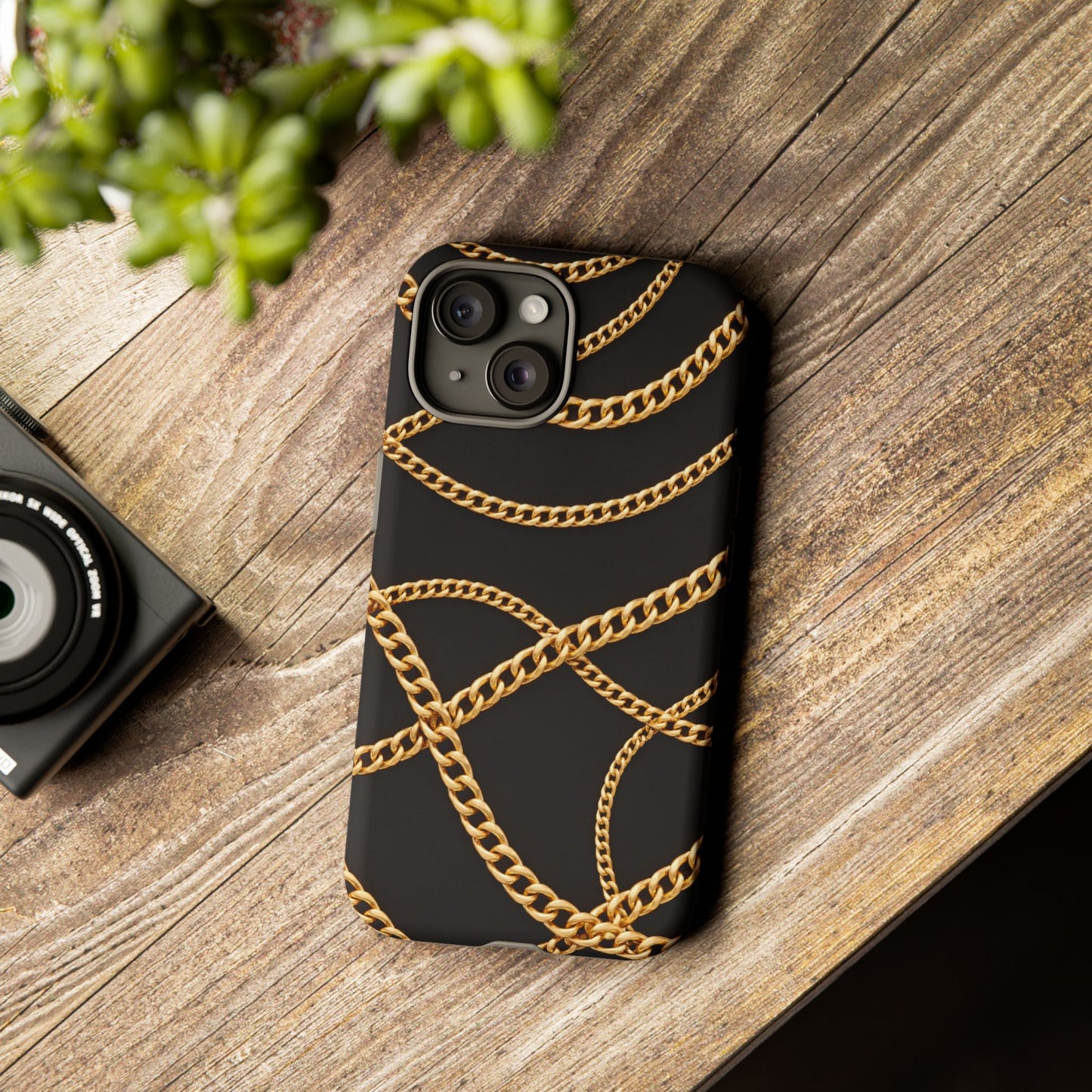 Luxury Gold Chain Phone Case – Black Designer Style Tough Protective Cover for Iphone, Samsung Galaxy and Pixel