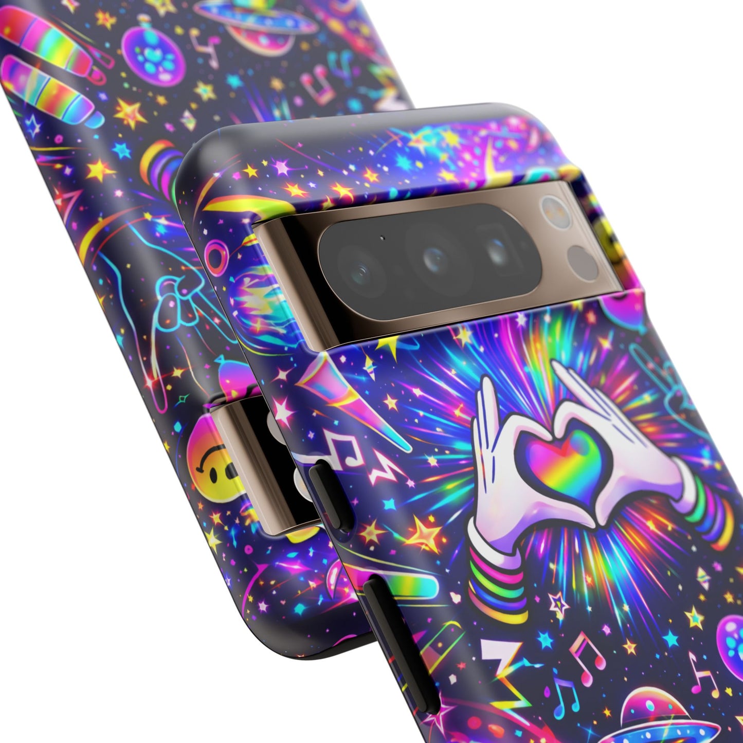 Rainbow Heart Hands Phone Case – Neon Galaxy EDM Festival Tough Cover