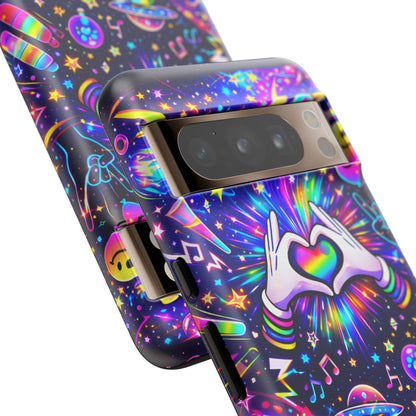 Rainbow Heart Hands Phone Case – Neon Galaxy EDM Festival Tough Cover
