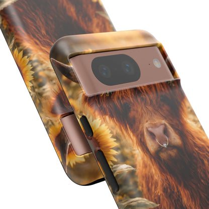 Highland Cow Sunflower Phone Case | Floral Farmhouse iPhone, Samsung Galaxy and Pixel Cover