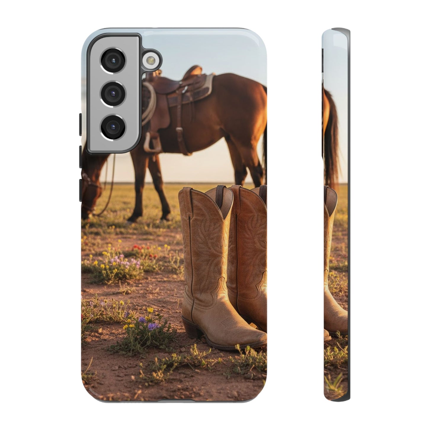 Western Cowboy Boots Phone Case – Rustic Horse Sunset Tough Case (iPhone, Samsung, Pixel)