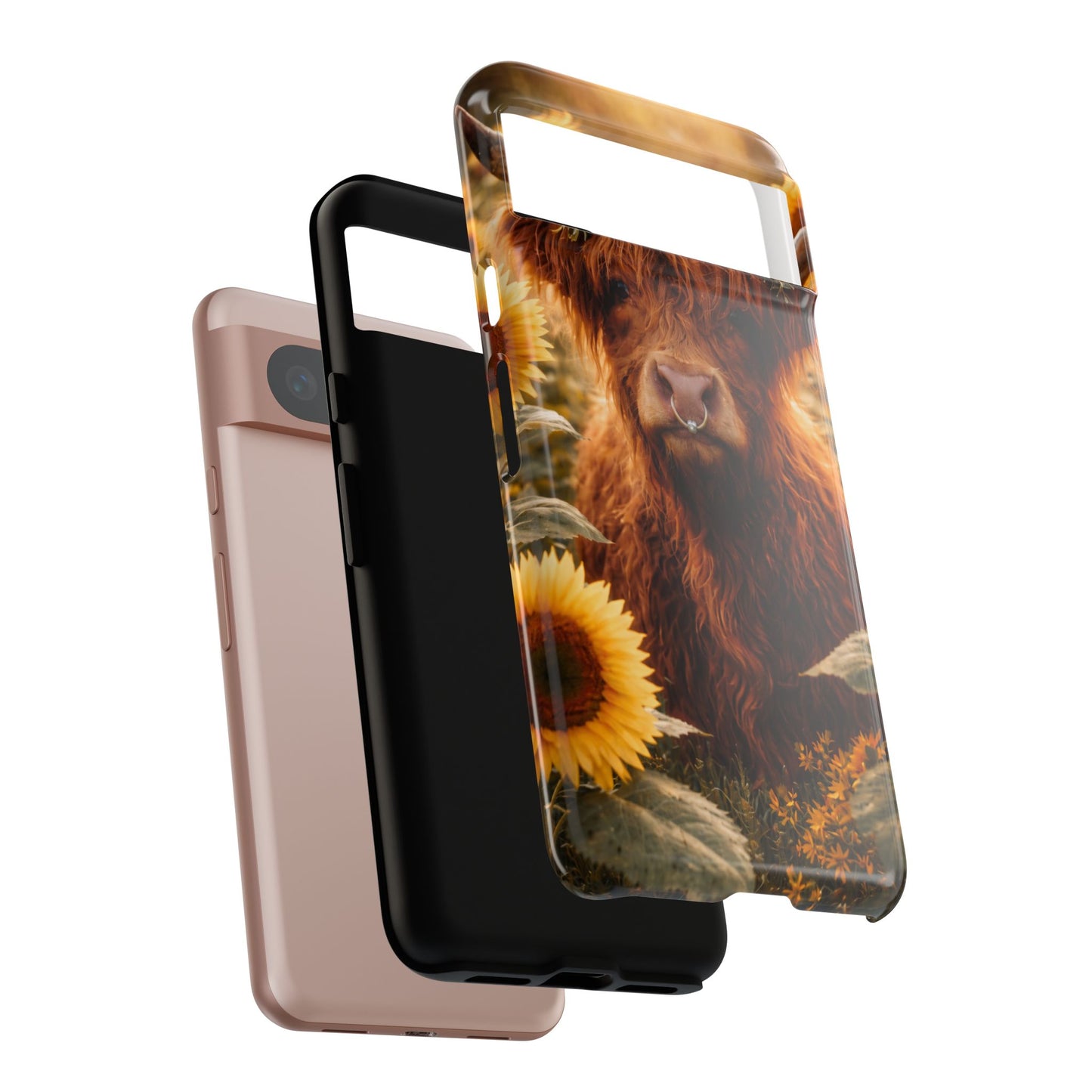 Highland Cow Sunflower Phone Case | Floral Farmhouse iPhone, Samsung Galaxy and Pixel Cover