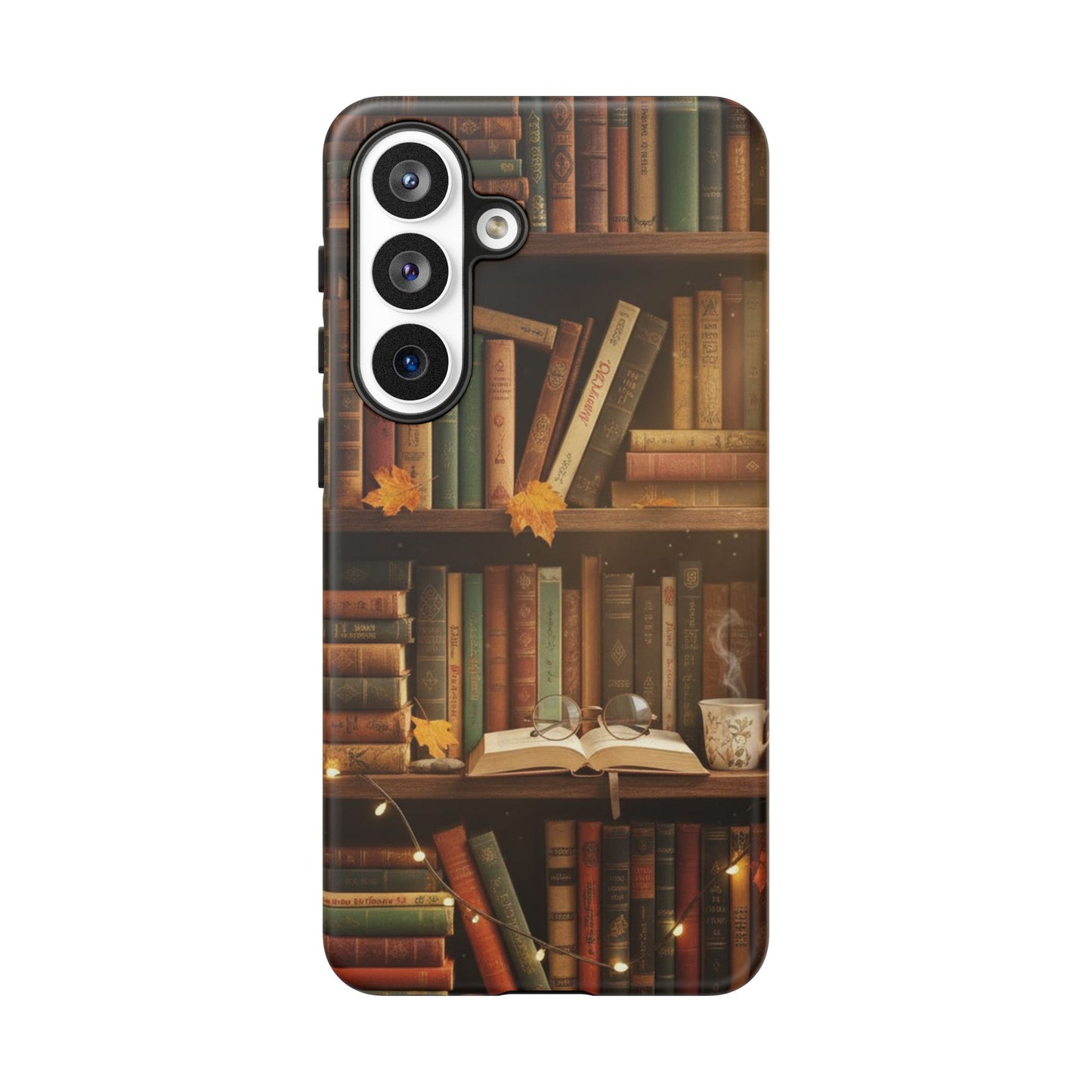 Cozy Vintage Bookshelf Phone Case, Library Aesthetic Book Stack, Autumn Coffee Vibes (iPhone, Samsung, Pixel)