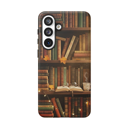 Cozy Vintage Bookshelf Phone Case, Library Aesthetic Book Stack, Autumn Coffee Vibes (iPhone, Samsung, Pixel)