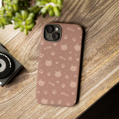 Cute Cat Pattern Phone Case | Paw Prints, Fishbone & Yarn Design Tough Case