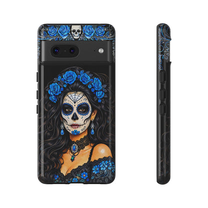 Blue Sugar Skull Woman Phone Case – Day of the Dead Aesthetic Tough Cover