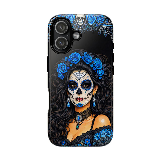 Blue Sugar Skull Woman Phone Case – Day of the Dead Aesthetic Tough Cover