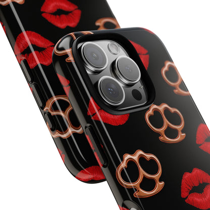 Red Lipstick & Knuckle Duster Phone Case | Bold Kiss Print Tough Protective Cover for Iphone, Samsung Galaxy and Pixel