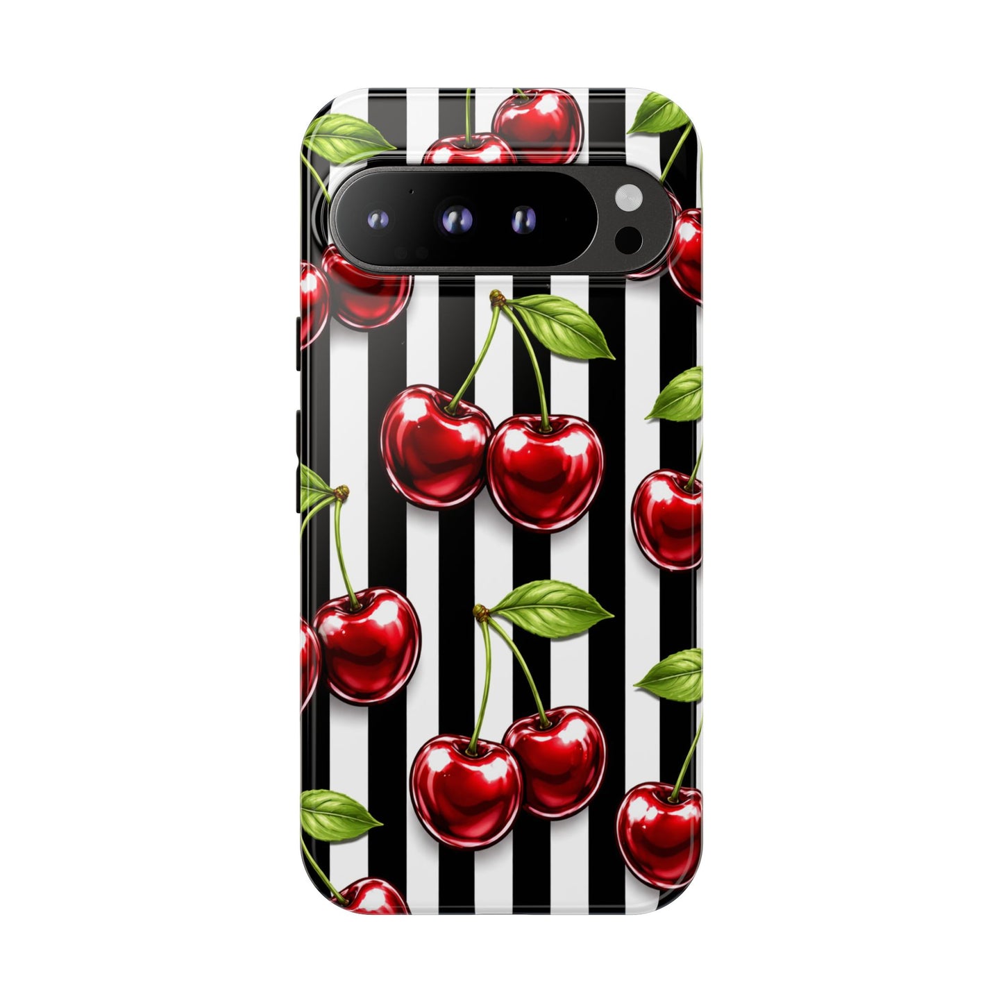 Cherry Pattern Phone Case Black White Stripe Retro Aesthetic Tough Cover