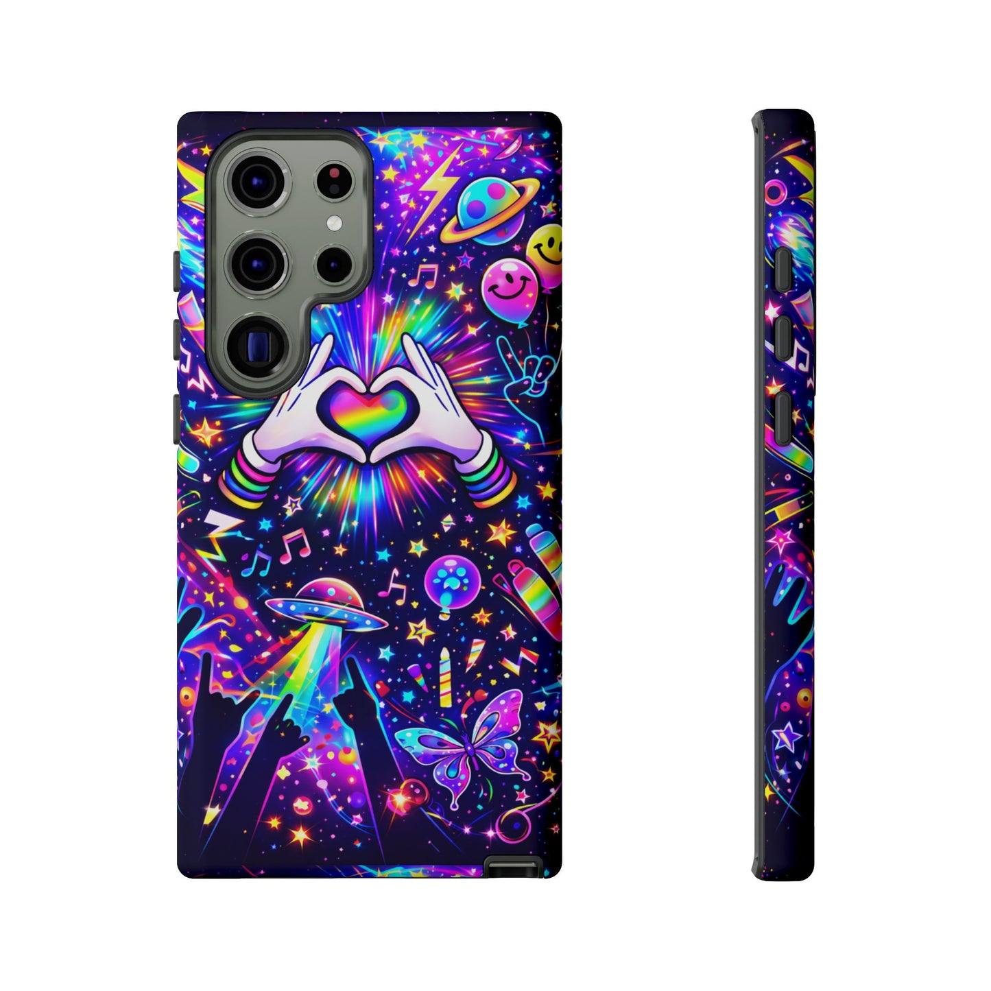 Rainbow Heart Hands Phone Case – Neon Galaxy EDM Festival Tough Cover