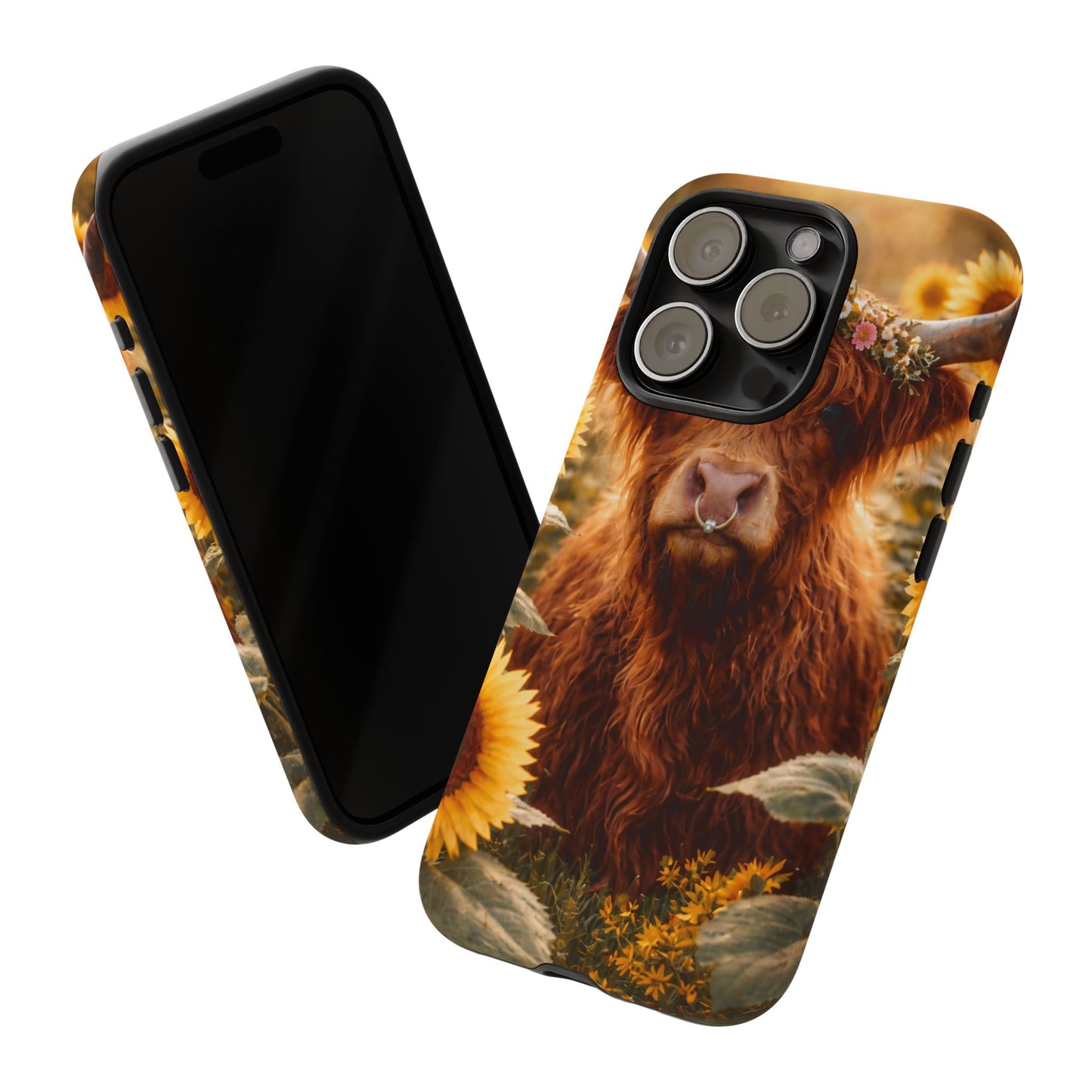 Highland Cow Sunflower Phone Case | Floral Farmhouse iPhone, Samsung Galaxy and Pixel Cover