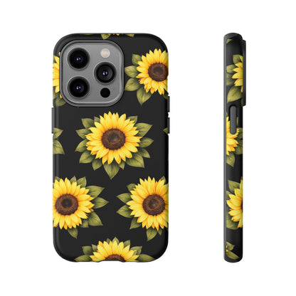 Sunflower Floral Tough Phone Case – Black Background Protective Cover for Iphone, Samsung Galaxy and Pixel