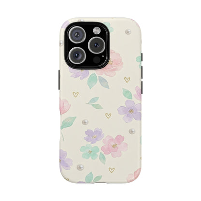 Pastel Floral Phone Case – Coquette Watercolor Flower Hearts Tough Case (iPhone, Samsung, Pixel)