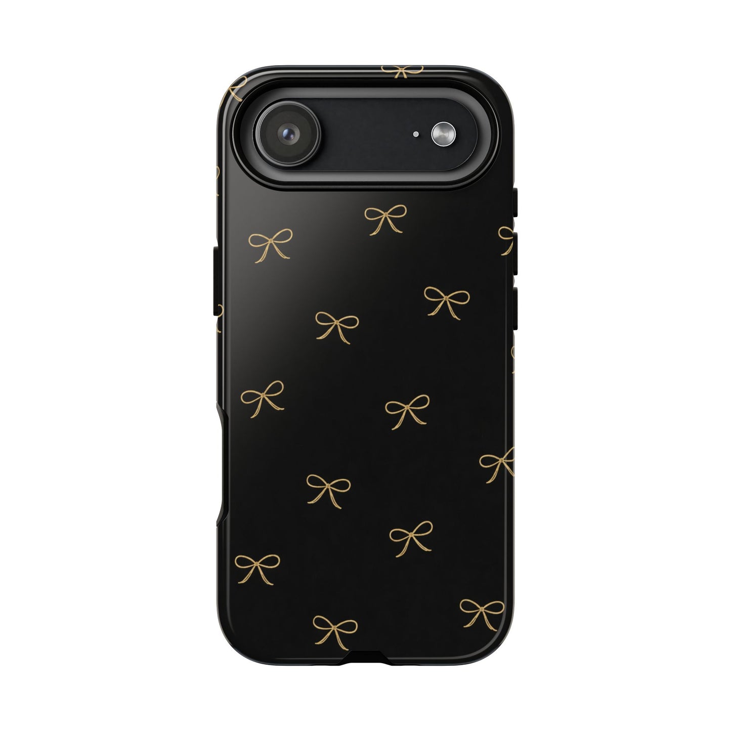Black Phone Case with Gold Bow Pattern – Slim Protective Cute Aesthetic Cover for Iphone, Samsung Galaxy and Pixel
