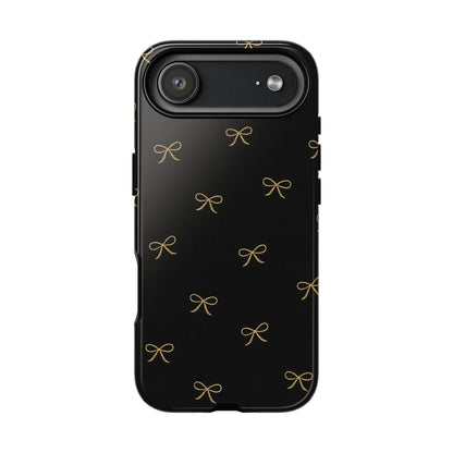 Black Phone Case with Gold Bow Pattern – Slim Protective Cute Aesthetic Cover for Iphone, Samsung Galaxy and Pixel