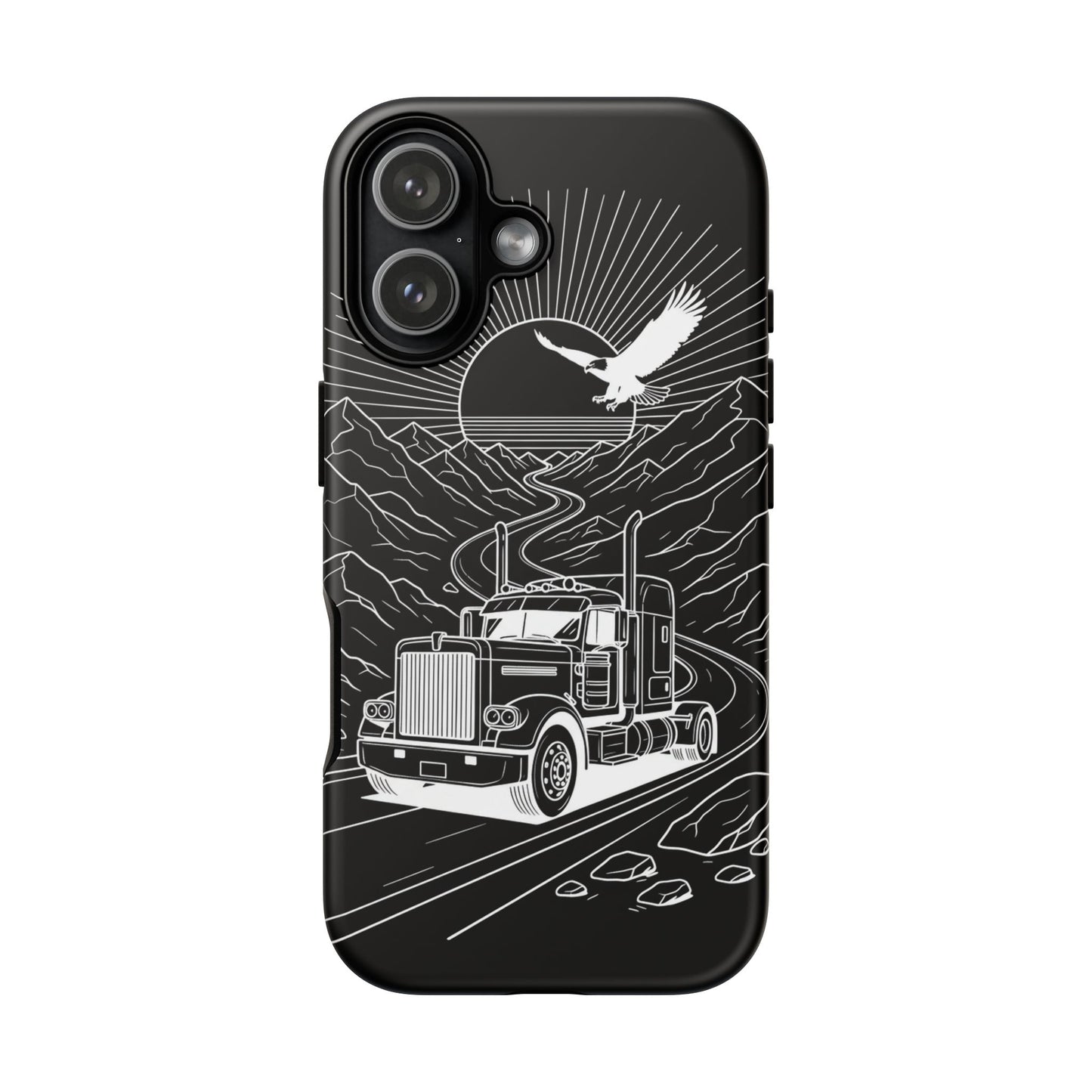 Trucker Highway Phone Case | Eagle & Mountain Line Art | Black Western Tough Case