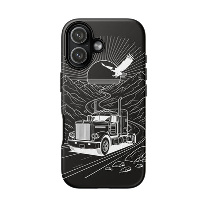 Trucker Highway Phone Case | Eagle & Mountain Line Art | Black Western Tough Case