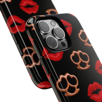 Red Lipstick & Knuckle Duster Phone Case | Bold Kiss Print Tough Protective Cover for Iphone, Samsung Galaxy and Pixel